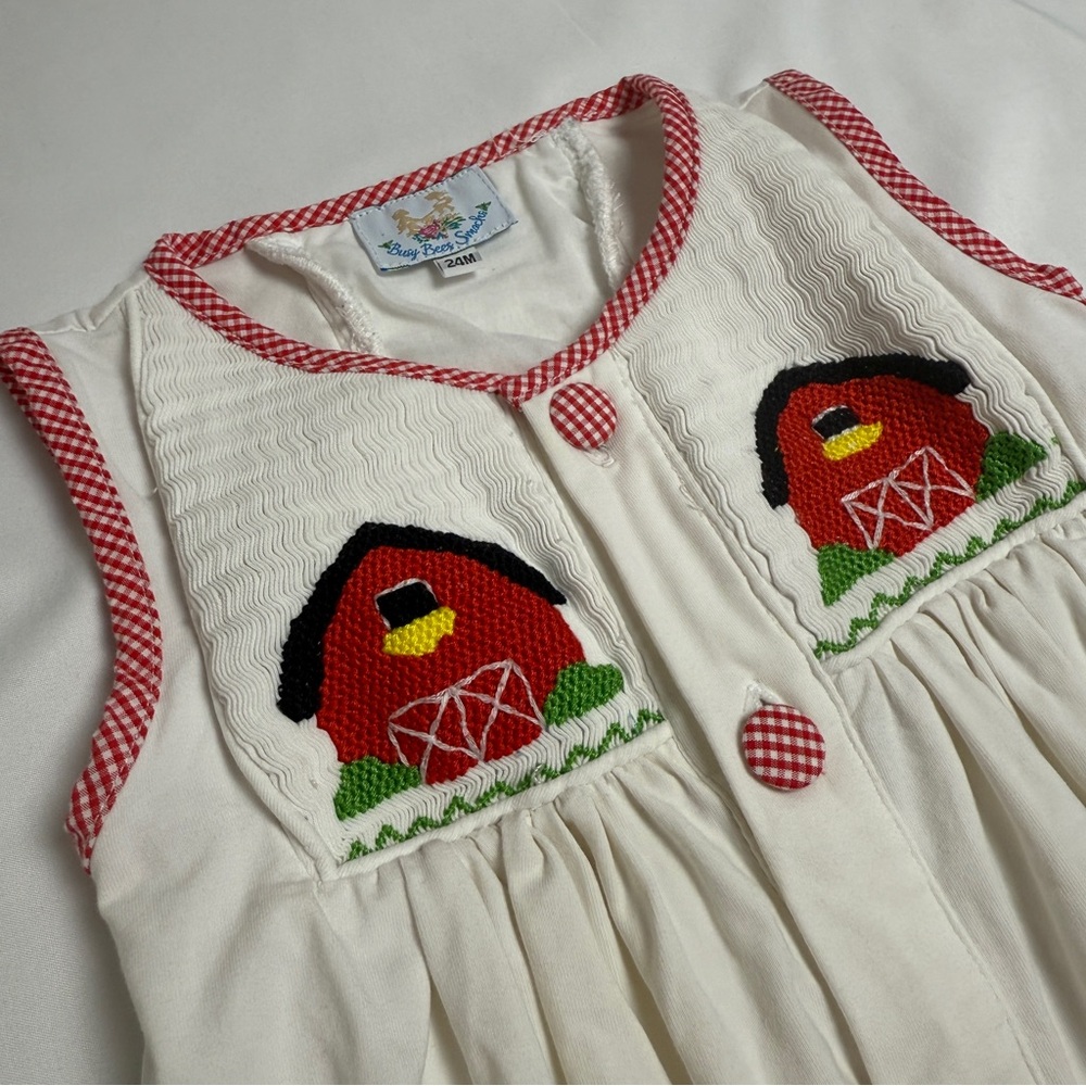 Busy Bees Smocks Red and Off White Barn & Tractor Smocked Romper Size 24M